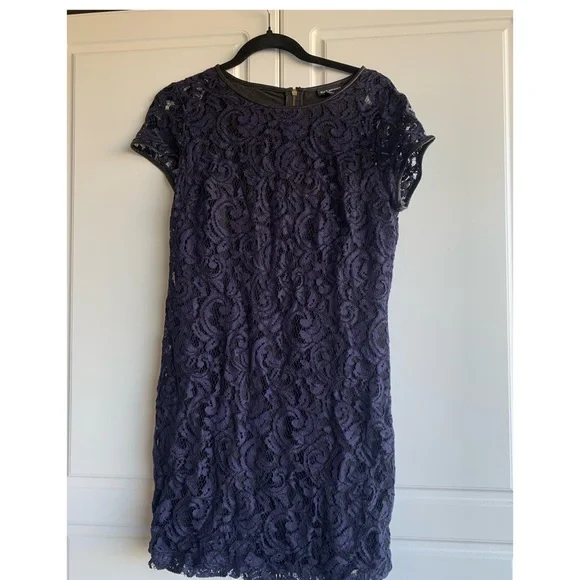 Club Monaco Womens Blue Lace Dress with Black Leather Trim sz 6